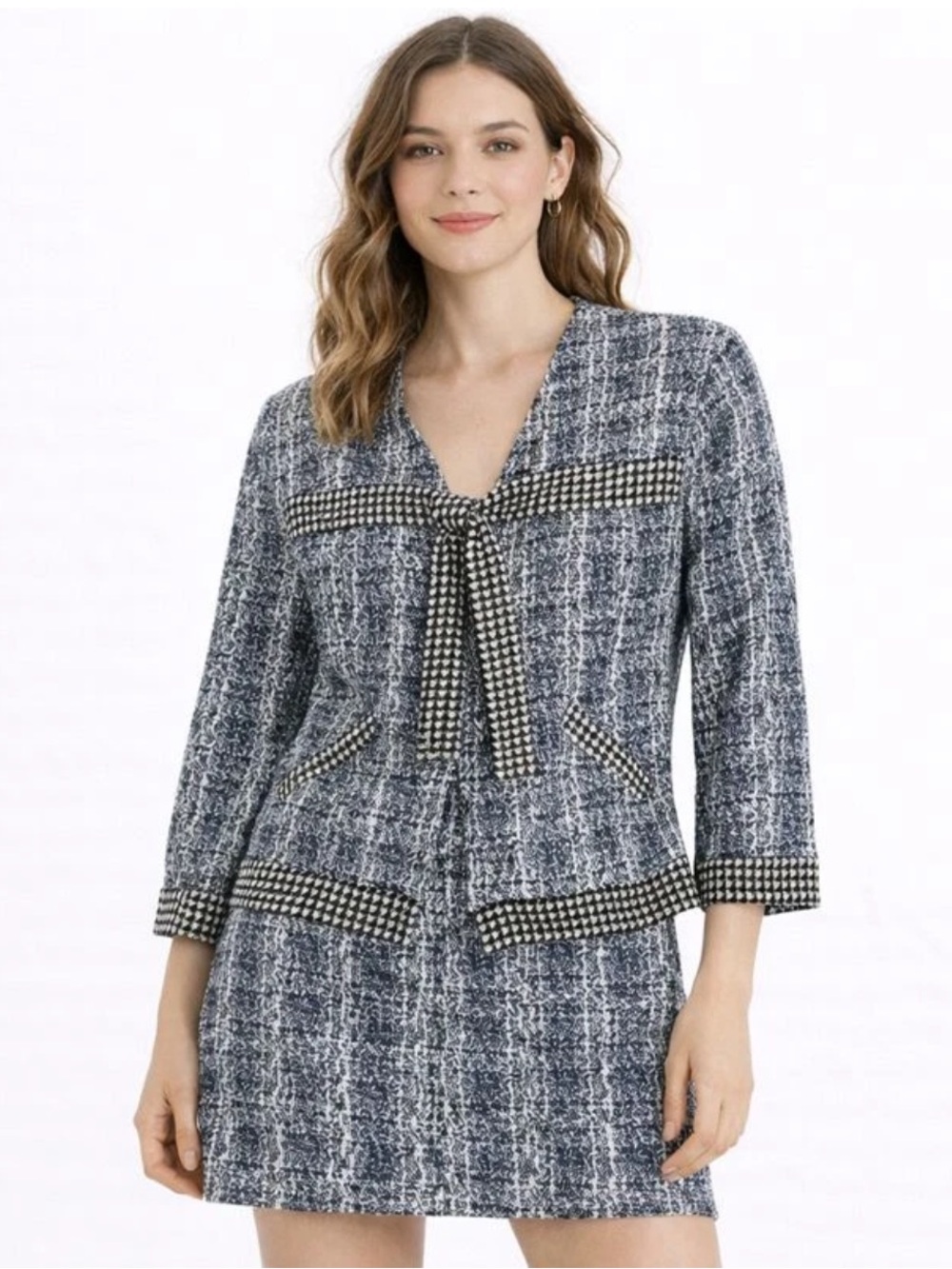 Cabi Women’s Large 12 Blue Reina Club Jacket Skirt Suit 2-Piece Set Houndstooth